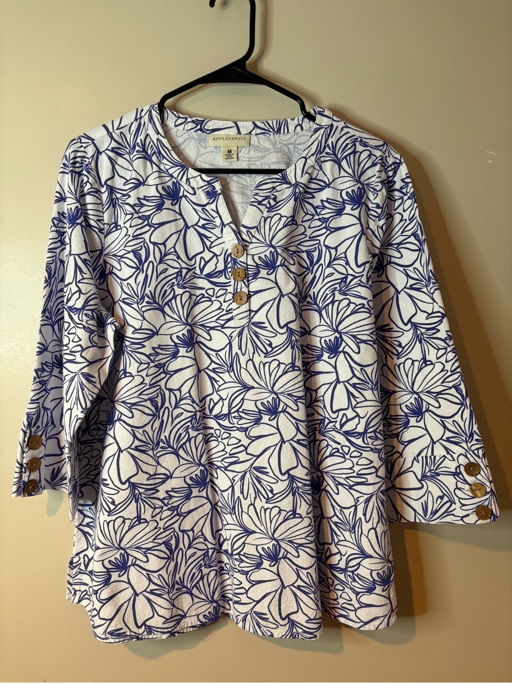 Appleseed's White & Royal Blue Floral Cotton Blouse NWOT